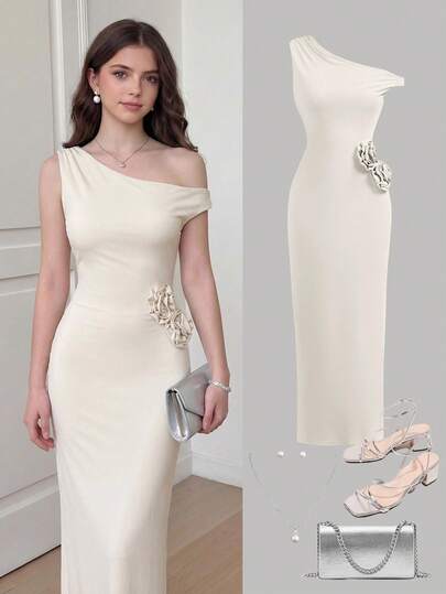 SHEIN Đầm màu mơ lệch vai cho bé gái tuổi teen, đầm đi biển với họa tiết hoa 3D, đầm xẻ cao cho bé gái