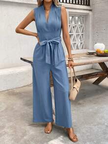 SHEIN Clasi Elegant Sexy Waist-Cinched Wide Leg Pleated 100 Cotton Jumpsuit For Woman Petite Women Clothing,Pastal,Summer,Casual,Vacation,Holiday Outfits Golf - Blue - View 5