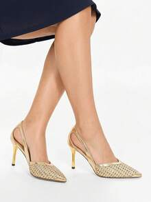 Glitzique Women's Pointed Toe Glamorous Fashion Mesh Breathable Sexy Party Wedding Versatile Rhinestone Pumps,Stiletto Heels - Gold - View 1