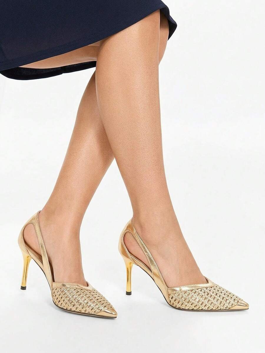 Glitzique Women's Pointed Toe Glamorous Fashion Mesh Breathable Sexy Party Wedding Versatile Rhinestone Pumps,Stiletto Heels - Gold - View 1