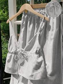 Comfortcana Bộ đồ hai mảnh dệt sọc xám, kiểu dáng thường ngày, thích hợp cho kỳ nghỉ hè, dành cho nữ, thích hợp mặc trong kỳ nghỉ. - Xám - Xem 3