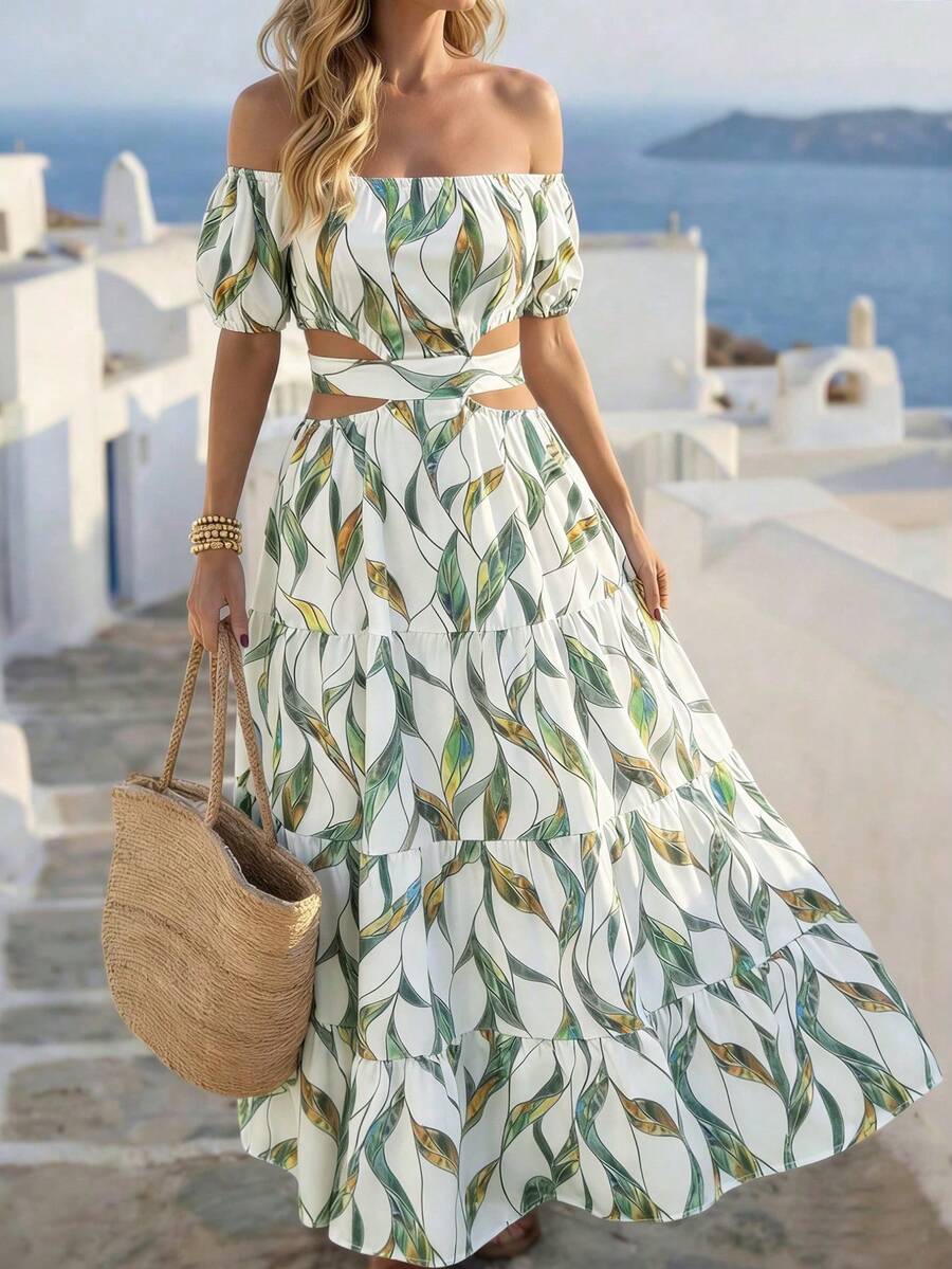 Breezaya Casual - Vacation Casual Off The Shoulder Bow Back Dress - Green - View 1