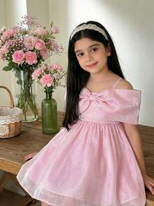 小女孩优雅蝴蝶结装饰粉色花卉网纱公主裙，女婴花园连衣裙，花童礼服，幼儿花卉优雅婴儿连衣裙，带大蝴蝶结装饰的公主蓬蓬裙，适合生日派对、晚会、演出、婚礼、洗礼、学校典礼、日常穿着、郊游、春夏季节。 - 藕粉色 - 查看 2