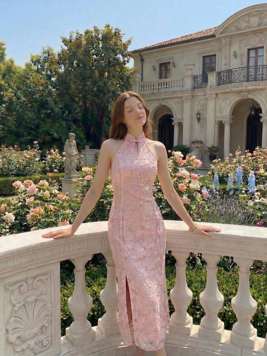 EastFlair 女士优雅提花露背开衩腰部连衣裙，适合派对穿着 - 泡泡糖粉 - 查看 1