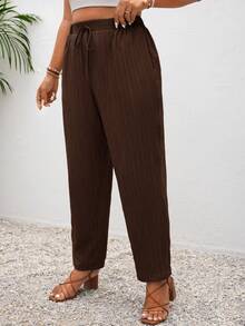 SHEIN Frenchy Plus Size Vacation Solid Color Knotted Casual Pants With Pockets - Coffee Brown - View 6