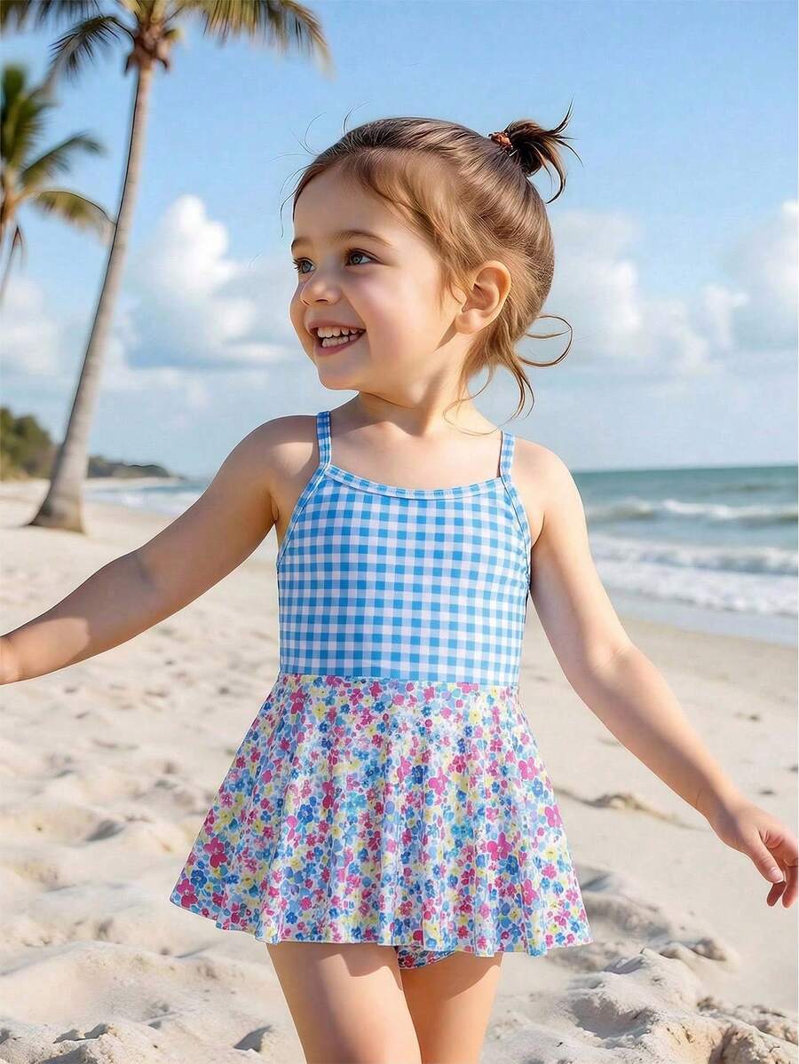 SHEIN Playful Pals 1 pieza Traje de baño de una sola pieza con volantes, estampado floral y cuadros azules para niñas, adecuado para playa, piscina, , vacaciones, verano, viajes - Multicolor - Ver 1