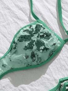 SHEIN Swim Vcay 女士夏季沙滩亮片性感比基尼泳衣套装 - 薄荷綠 - 查看 3