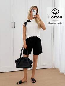 Easowa Áo thun nữ tay ngắn cổ tròn màu trắng bằng cotton, thích hợp mặc hàng ngày, thiết kế nơ bướm. Áo thun cotton trắng cổ điển dành cho nữ với chi tiết nơ bướm thanh lịch ở vai, chất liệu mềm mại, thoải mái, tay ngắn, thích hợp cho mùa hè, ngày của mẹ, áo kiểu thường ngày cho nữ. - trắng - Xem 6