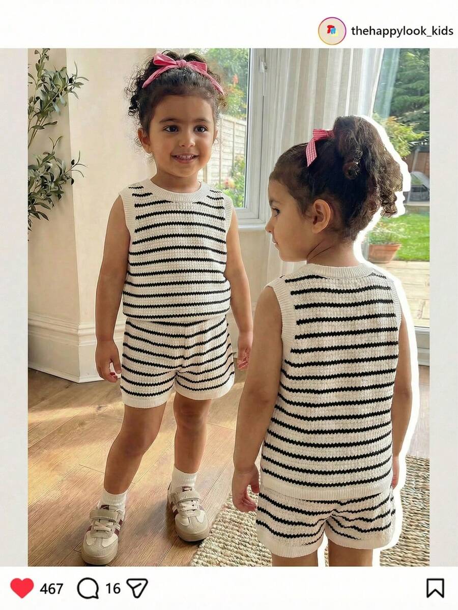 THE HAPPY LOOK 女童条纹针织柔软圆领无袖上衣和松紧腰短裤两件套 - 黑與白 - 查看 1