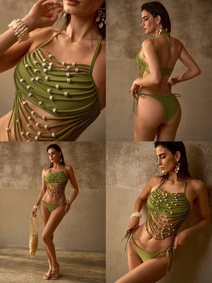 PREMIUM Conjunto de bikini con detalle de cuentas y escote halter drapeado - Verde militar - Ver 1
