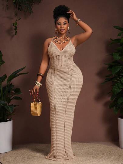 Slaydiva Vestido de punto transparente con cintura hueca de estilo bohemio casual de vacaciones de primavera/verano 2026, talla grande, vestido maxi de punto ajustado de color marrón, vestido maxi de punto, vestido maxi de ganchillo de color marrón, vestido maxi de punto de color marrón para invierno, otoño