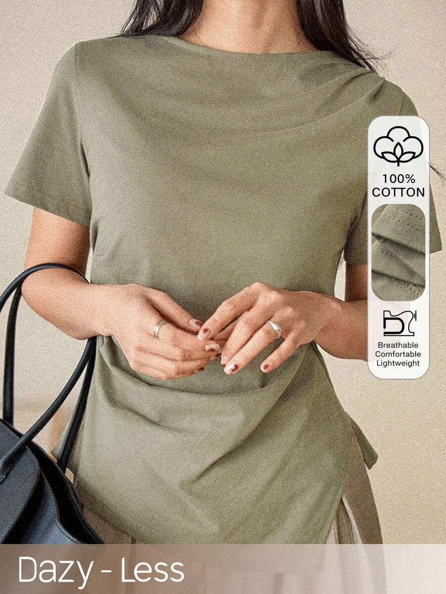 Dazy-Less Áo thun nữ cổ polo dáng rộng, thoải mái, thanh lịch mùa xuân hè, thích hợp cho ngày Valentine, kiểu dáng công sở "giàu có" - màu xanh lá - Xem 1