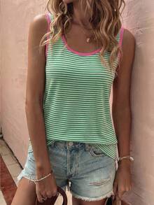 EMERY ROSE Women's Casual Basic U-Neck Striped Contrast Color Trim Tank Top - Multicolor - View 4