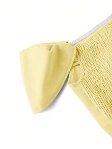 Endroma Áo croptop nữ kiểu Pháp thanh lịch màu xanh dương với thiết kế xếp ly, thắt eo, tôn dáng, thời trang, cao cấp, sang trọng cho mùa hè. - Màu vàng - Xem 8