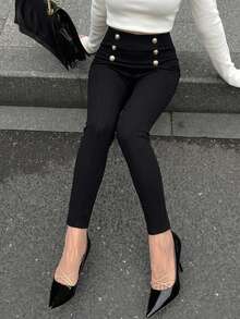 Joudiya Leggings casuales de mujer con botones en la cintura - Negro - Ver 7