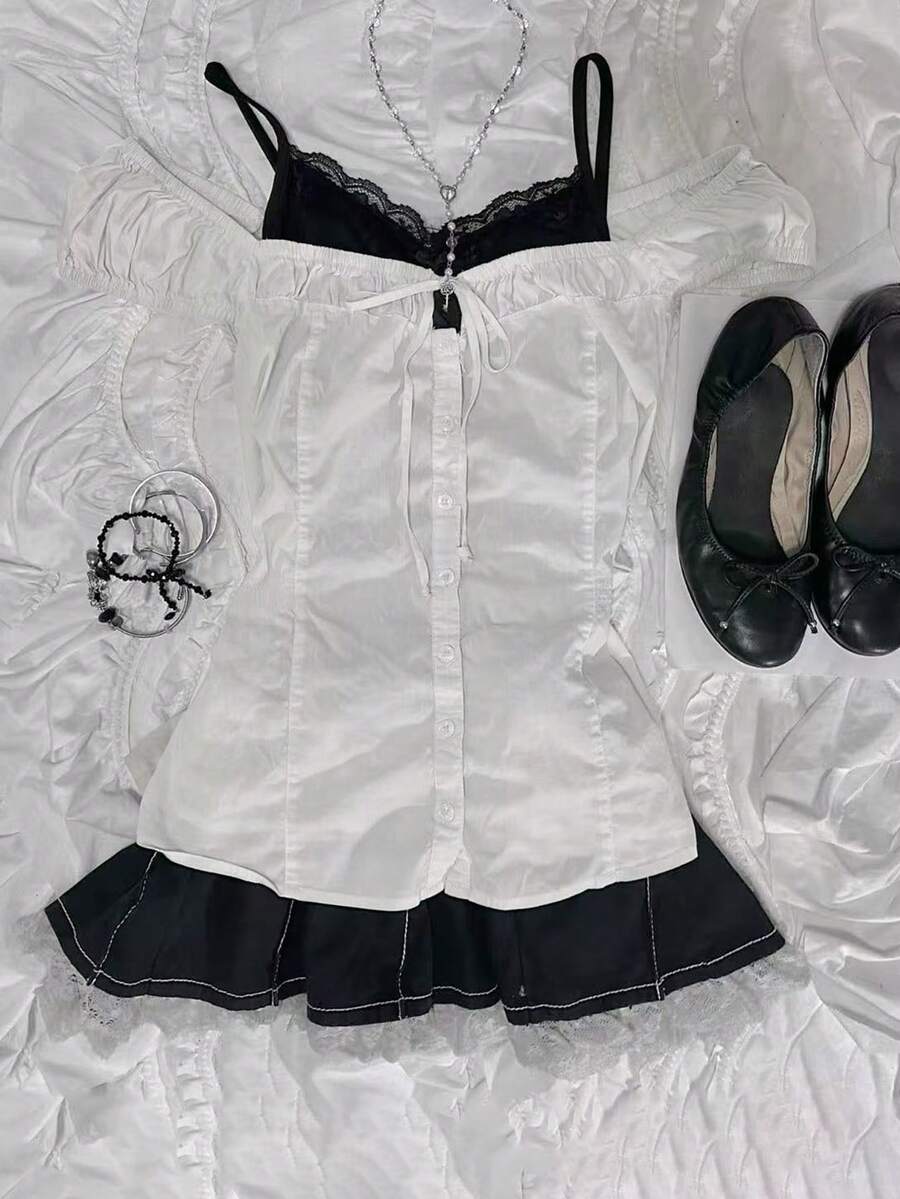 INAWLY 女士纯色褶皱系带休闲夏季上衣 - 白色 - 查看 1