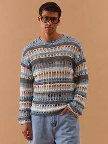 Musero Áo nam dệt kim móc họa tiết sọc, tay loe, dáng rộng, thích hợp cho mùa xuân, hè, lễ hội, kỳ nghỉ. - Màu xanh lam - Xem 1