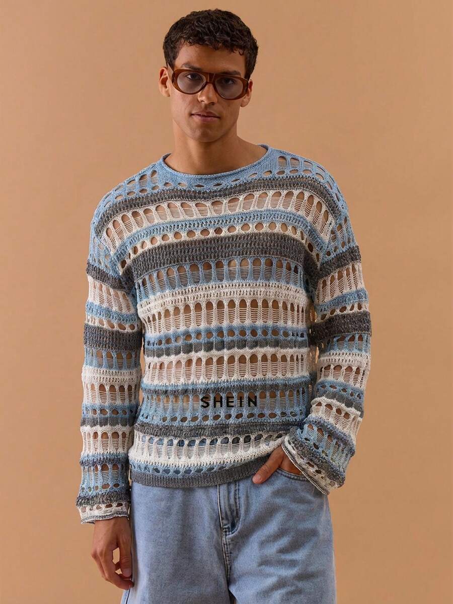 Musero Áo nam dệt kim móc họa tiết sọc, tay loe, dáng rộng, thích hợp cho mùa xuân, hè, lễ hội, kỳ nghỉ. - Màu xanh lam - Xem 1