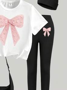 Bộ 2 món cho bé gái, gồm áo thun và quần legging in họa tiết nơ và ngọc trai, kiểu dáng thường ngày thanh lịch, thoải mái cho mùa xuân, hè và thu. - Nhiều màu - Xem 5