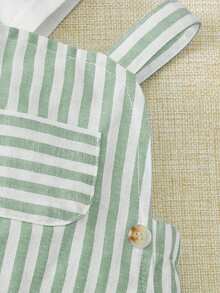 SHEIN 3pcs Newborn Baby Casual Simple Short Sleeve Top And Striped Button Pocket Romper + Hat Set - Mint Green - View 4