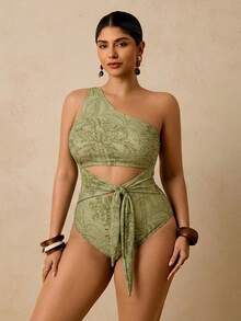 Travachic Plus Size Tropical Green Plant Print Asymmetric Neck Hollow Out Tie-Front One-Piece Swimsuit, Vacation Outfit Summer Beach - Green - View 4