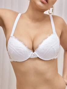 1pc Women's Lace Wide Strap Thick Cup Lift & Gather Underwire Lingerie Bra - White - View 7