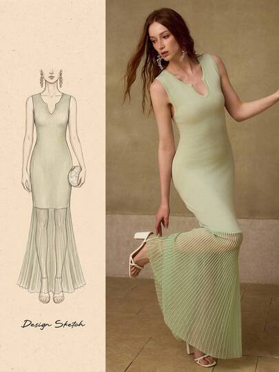 MOTF PREMIUM SPRING & SUMMER FASHION NOTCHED NECK FITTED FISHTAIL HEM SLEEVELESS SWEATER DRESS