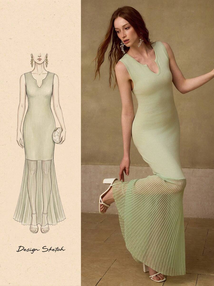 MOTF PREMIUM SPRING & SUMMER FASHION NOTCHED NECK FITTED FISHTAIL HEM SLEEVELESS SWEATER DRESS - Green - View 1