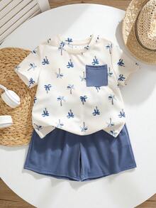 SHEIN Bộ đồ mùa hè thường ngày cho bé trai, gồm áo thun và quần short in hình cây dừa, có túi. - Nhiều màu - Xem 9