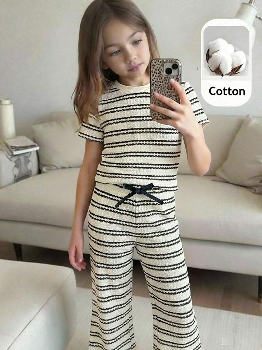 2件套女童条纹针织圆领休闲T恤和修身长裤套装，儿童服装 - 黑與白 - 查看 1