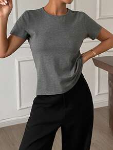 DAZY Women's Round Neck Solid Color Basic White Short Sleeve T-Shirt, Spring/Summer - Dark Grey - View 4