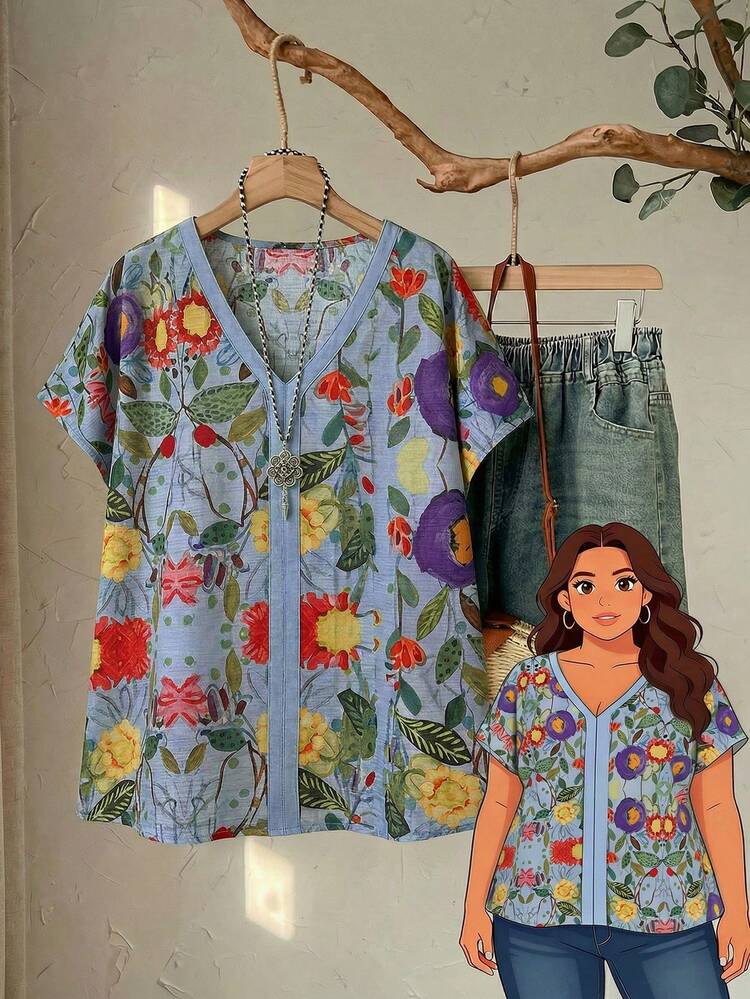 Plus Size Floral Print Batwing Sleeve Casual Vacation Shirt