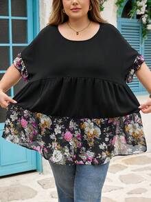 SHEIN CURVE+ 大码休闲撞色碎花衬衫，轻松假日风，适合乡村音乐节，女士波西米亚风，春季休闲碎花衬衫/2026/新年 - 彩色 - 查看 8