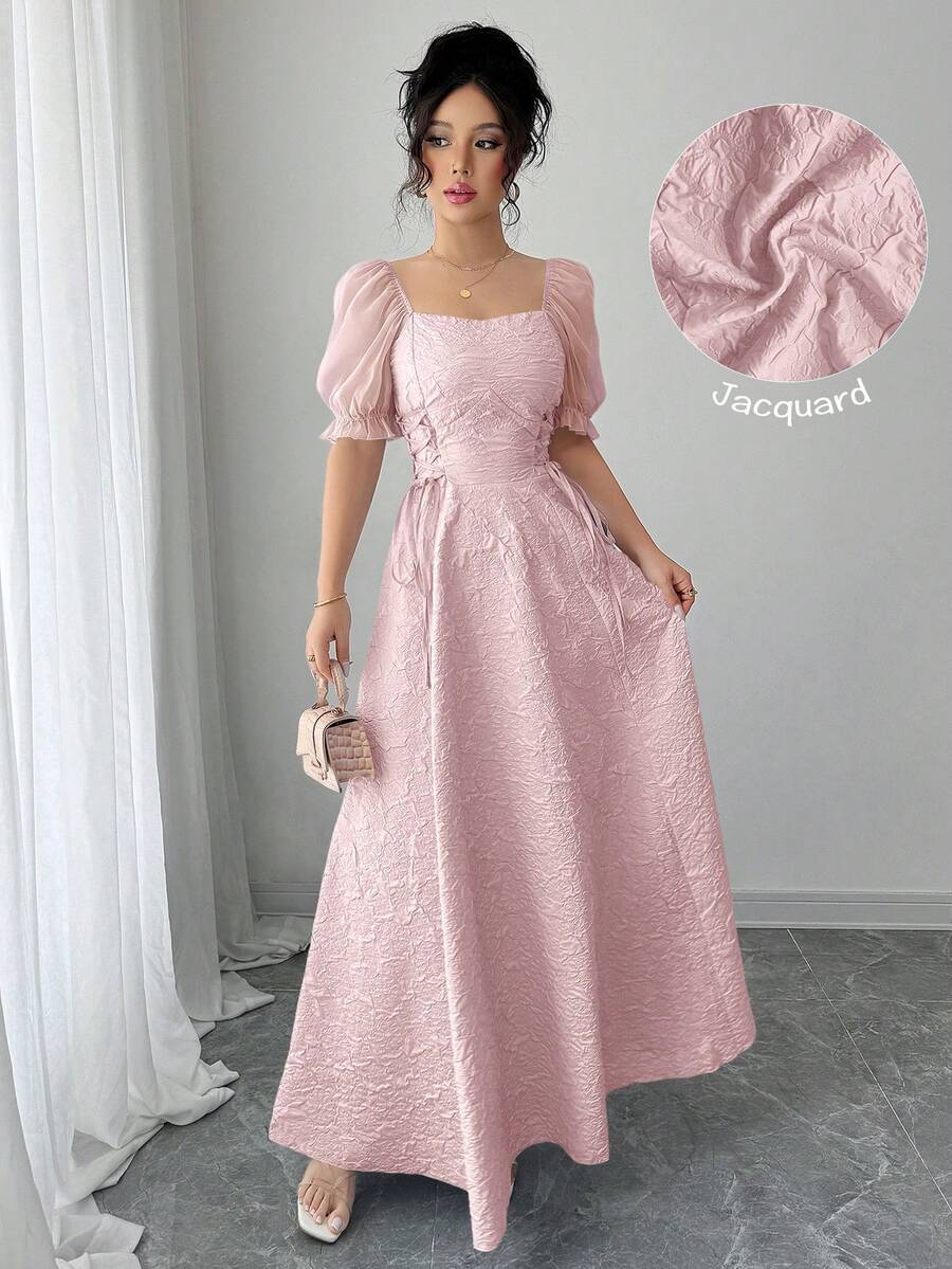 Modelyn Vestido largo para mujer con mangas de pétalos transparentes, cintura ceñida y dobladillo acampanado - Rosa - Ver 1