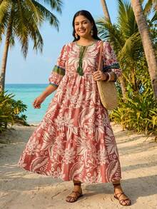 SHEIN CURVE+ 大码女士热带植物印花长裙，V领蝴蝶结喇叭袖宽松休闲波西米亚风连衣裙，春夏海滩度假连衣裙，碎花连衣裙，法式连衣裙，婚礼宾客连衣裙，优雅复古海滩装扮，度假服饰，伊比沙岛风格 - 紅色 - 查看 6