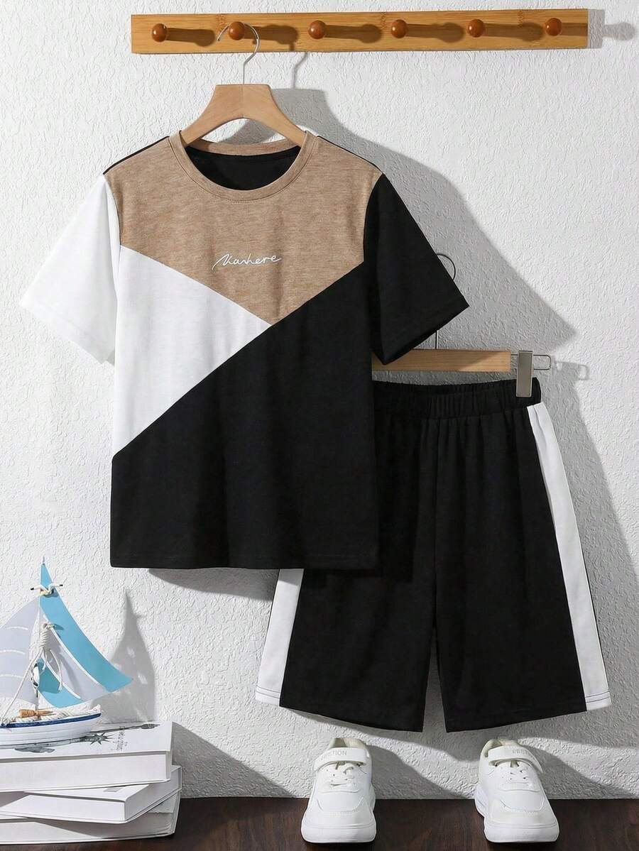 SHEIN Set de 2 piezas de camiseta de manga corta y pantalones cortos de punto con estampado de letras y contraste de colores para niños y niñas preadolescentes, cómodo y casual, adecuado para primavera y verano - Multicolor - Ver 1