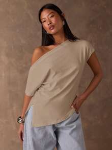 SHEIN BAE Women's Solid Color Asymmetrical Shoulder Side Slit Hem Casual T-Shirt,Summer Top - Khaki - View 3