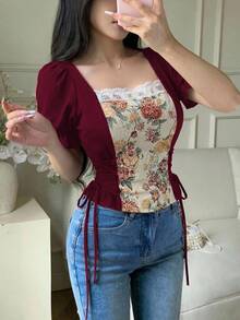 Feyla 女士复古碎花图案方领短袖衬衫 - 酒紅色 - 查看 3