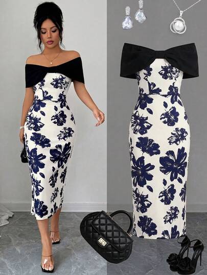 Elenzga Đầm lệch vai, thắt nơ tương phản màu, ôm sát, chất liệu vải in hoa, thanh lịch, lãng mạn, tối giản dành cho nữ.