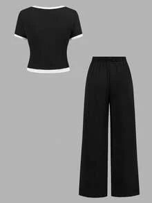 两件套少女休闲正式优雅返校套装，黑白撞色珍珠纽扣衬衫搭配直筒裤，法式时尚风，校服款式 - 黑色 - 查看 4