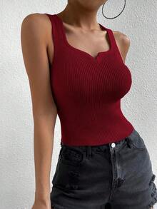 SHEIN Unity Women's Solid Color Casual Versatile Knit Top For Daily Wear Night Out Dark Red Summer - Burgundy - View 5