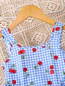 Vestido casual de verano con estampado de cuadros azules y cerezas, decorado con moño, para niñas jóvenes - Azul - Ver 4