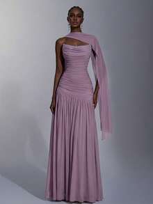 Elitara 优雅简约高弹网纱无肩带褶皱腰A字连衣裙，适合约会、单身派对、婚礼、正式活动、宴会礼服等场合。 - 藕粉色 - 查看 7