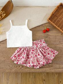 LMoss Kids LMoss 2pcs Baby Girl Knitted Bow Decor Camisole Top And Floral Ruffle Hem Skort Set Clothes Ootd For Summer Outfit Sets - Multicolor - View 2