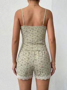 WovenCharm Ditsy Floral Print Lace Trim Bow Front Cami PJ Set - Mint Green - View 2
