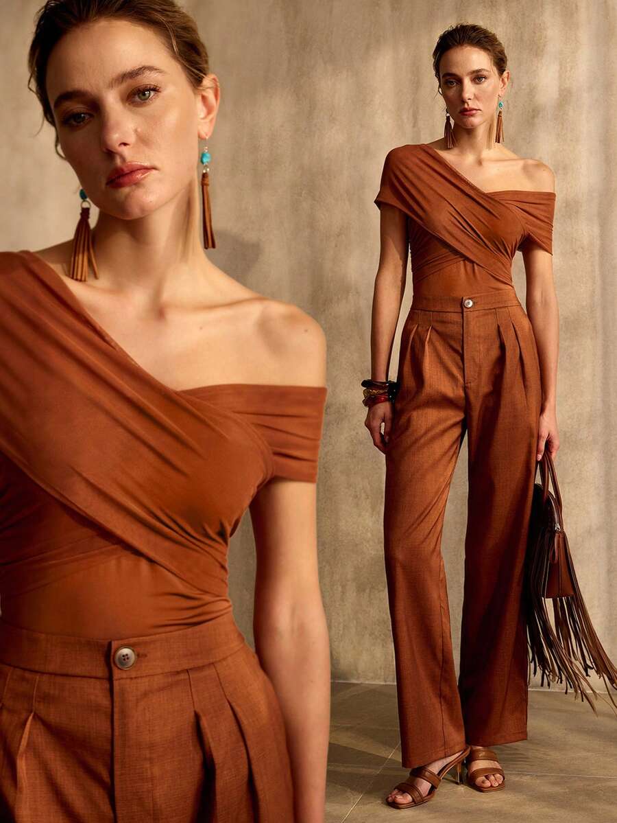 MOTF PREMIUM ASYMMETRICAL SHOULDER CRISS-CROSS RUCHED FITTED CROPPED T-SHIRT - Brown - View 1
