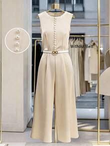 SHEIN Franclia Bộ jumpsuit không tay dáng suông thanh lịch dành cho nữ, chất liệu vải charmeuse, thiết kế cúc ngọc trai giả. - Màu be - Xem 1