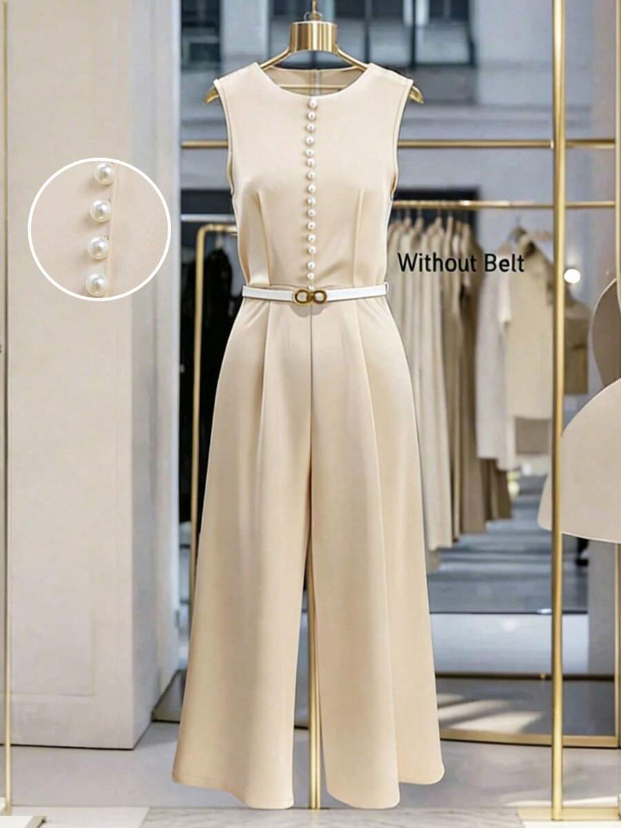 SHEIN Franclia Bộ jumpsuit không tay dáng suông thanh lịch dành cho nữ, chất liệu vải charmeuse, thiết kế cúc ngọc trai giả. - Màu be - Xem 1