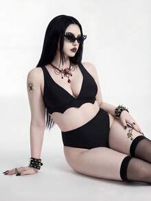ROMWE Goth 新款加大码女士沙滩度假泳装套装，黑色朋克蝙蝠风泳装套装，加大码泳装套装比基尼另类加大码哥特泳装哥特比基尼连体衣Raven两件套哥特泳装 - 黑色 - 查看 4