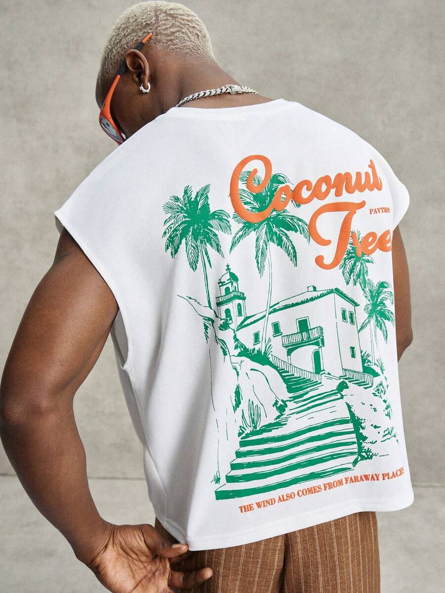 PAVTROS Men's Tropical Print Casual Vacation Tank Top - White - View 1